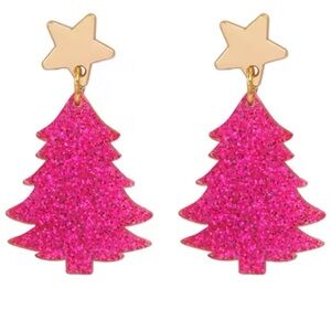 Festive Barbie Pink Glitter Acrylic Christmas Tree Earrings - Star Studs - New